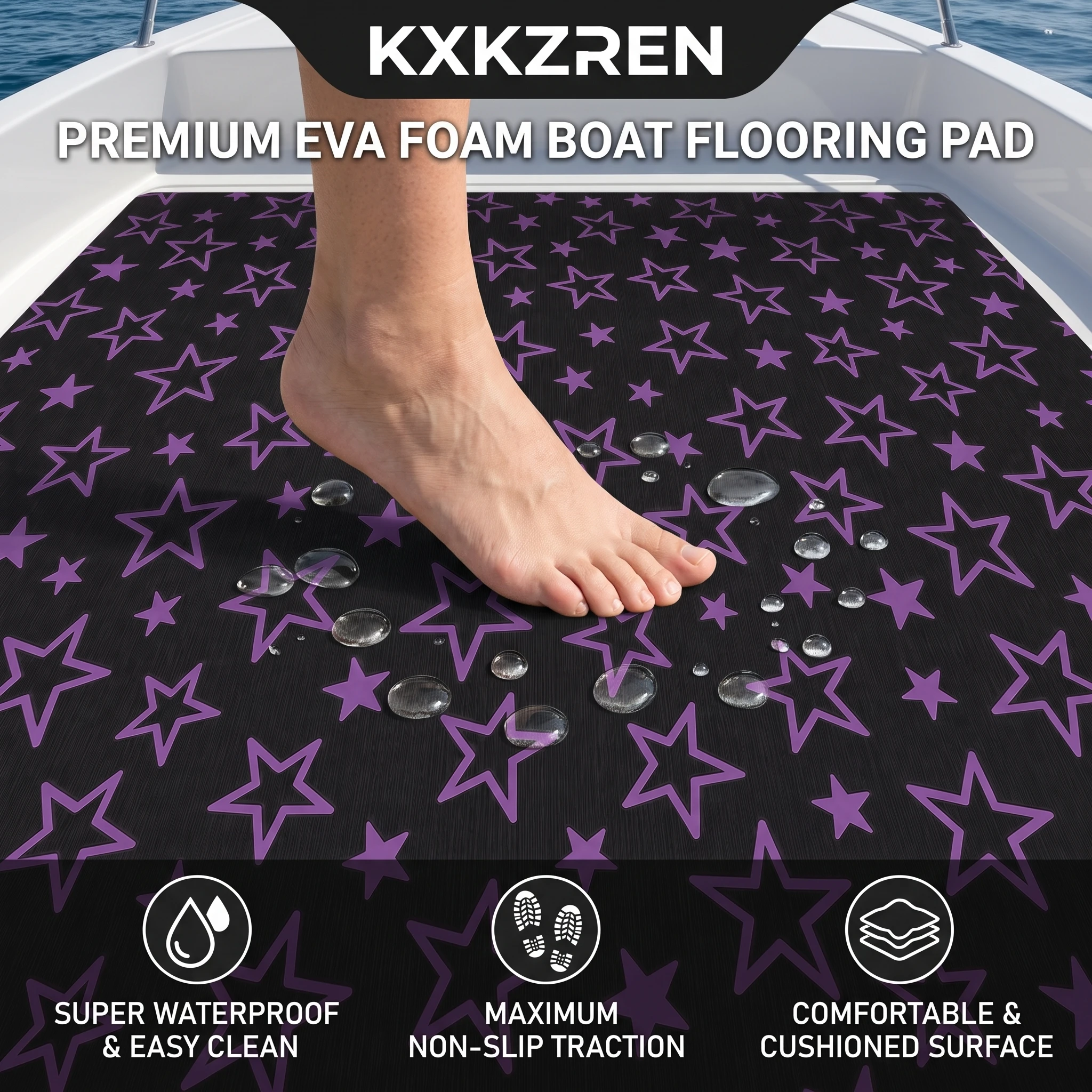 KXKZREN 2400x1200mm EVA Foam Boat Flooring Marine Decking Pad Anti-Slip Self Adhesive Yacht RV Mat Purple Star Pattern Faux Teak