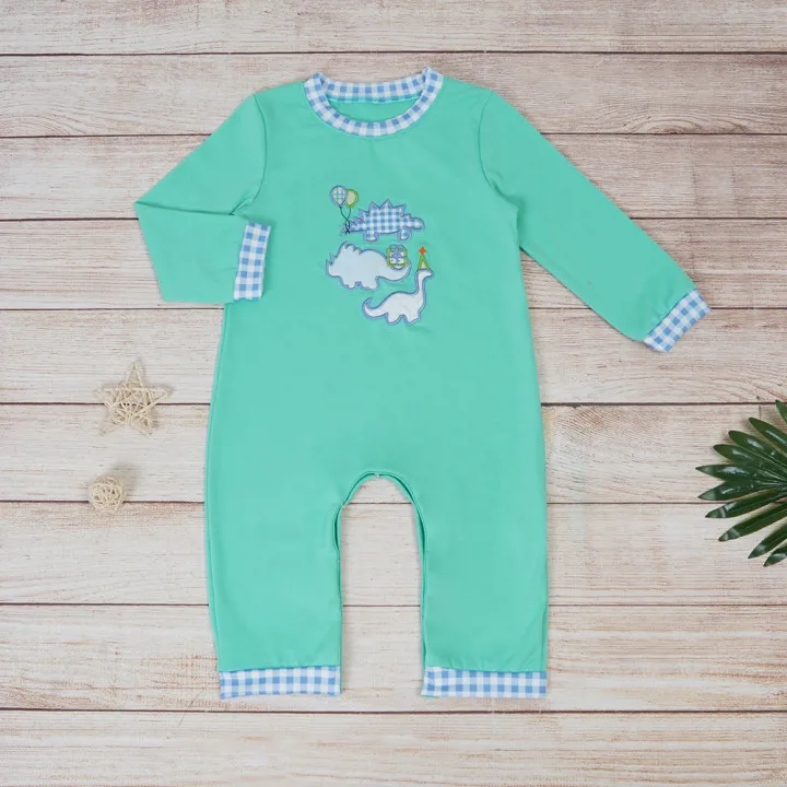 Boutique New Design Outfits Baby Boys Clothes Set Kids Dinosaur Embroidery Girls Bodysuit Long Sleeve Romper Blue Lattice Pants