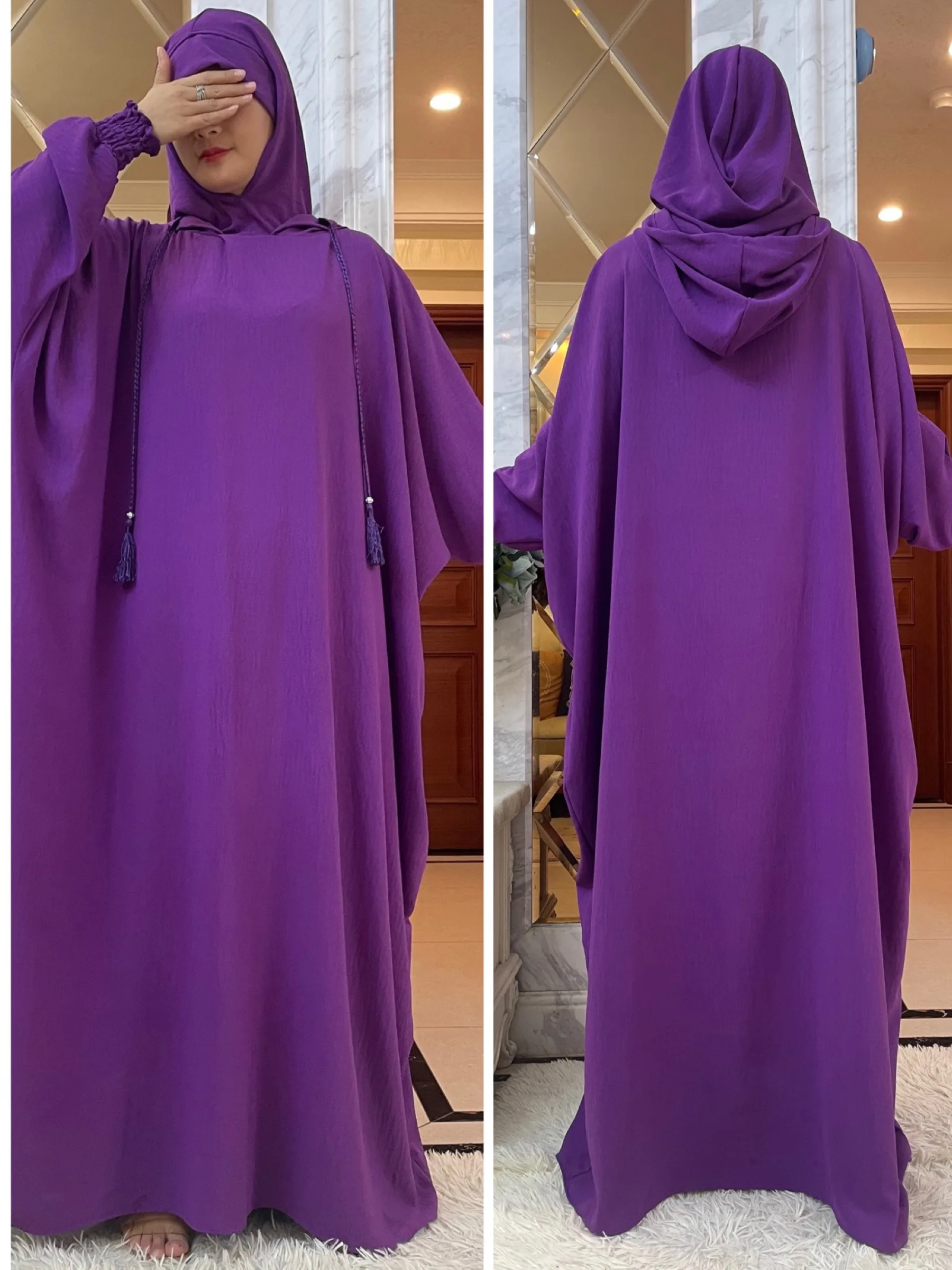 2024Saudi Women Abayas Muslim Ramadan Prayer Clothing With Hooded Jalaba Solid Casual Batwing Sleeve Arab Oriental Robe Eid