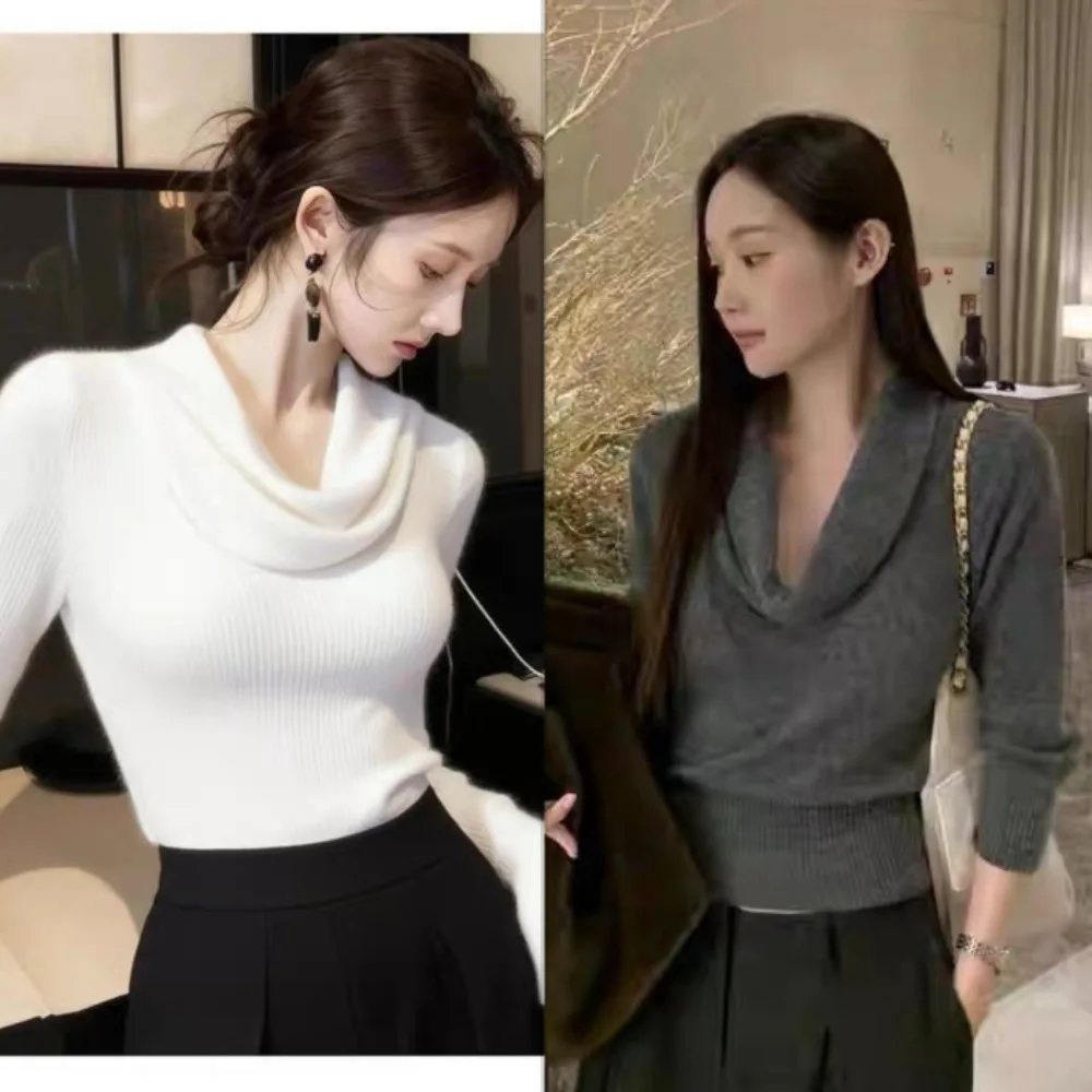 

Temperament Swing Collar Knitted Sweater Women Sexy Slim Casual Long Sleeve Pullover Jumper