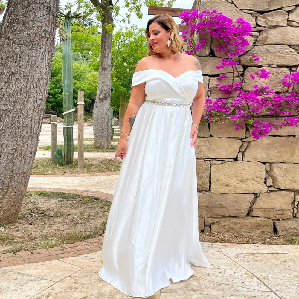 

Pastrol Off Shoulder Wedding Dresses Plus Size V Neck Sleeveless Bride Gowns Beadings Bace Lace Up Floor Length Vestido De Noiva