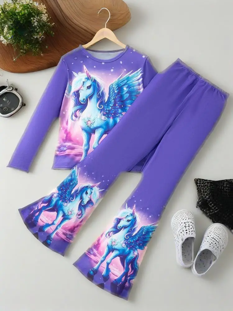 Autumn new cute girl 3D dream unicorn long sleeved top+unicorn bell bottom pants casual set