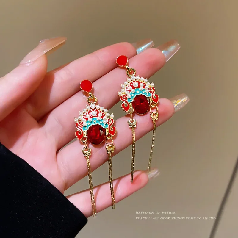 Chinese Intangible Cultural Heritage National Essence of Peking Opera Facial Earrings Chinese Red Long Style Tassel Earrings