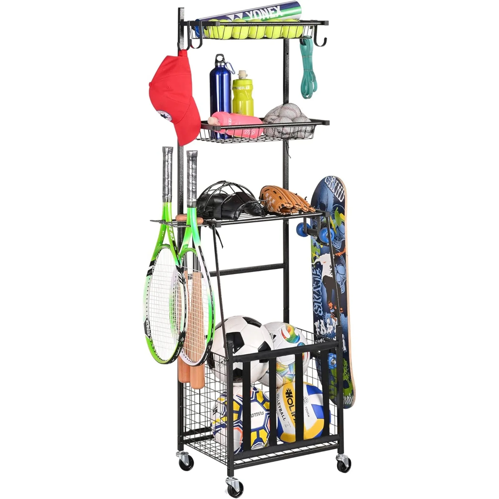 

US PLKOW Sports Equipment Storage for Garage, Indoor/Outdoor Sports Rack for Garage, Ball Storage Garage Organizer with Basket