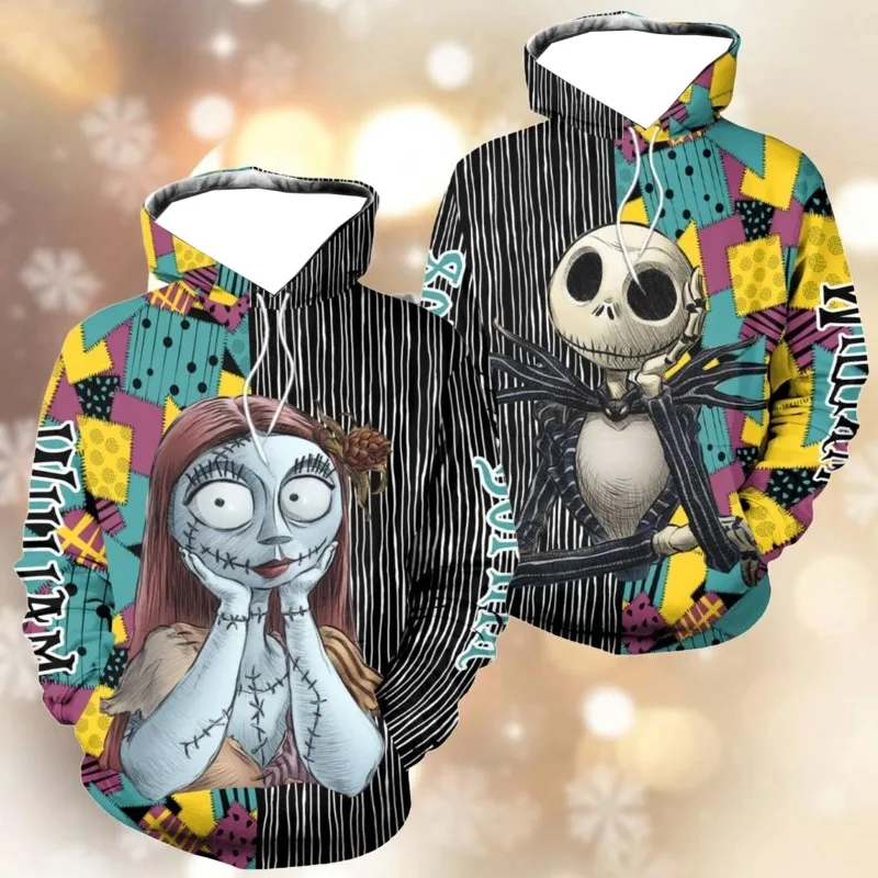 Nightmare Before Christmas Jack Sally Couple Hoodie 3D Print Pullover Hooded Sweatshirt youth Casual Streetwear Halloween Outfit