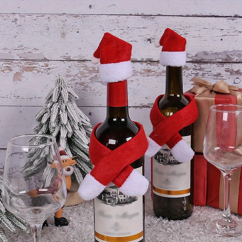 Christmas Wine Bottle Ornament Set with Santa Hat and Scarf 2Pcs/Set Red and White Felt Bottle Decoration for Christmas Party, Holiday Dinner and Festive Table Decor
