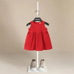 New Autumn Toddler Girl Dress Sleeve Cotton Ruffles Princess Dress Kids Corduroy Red Fashion Baby Vest Dress Outerwear 2pices