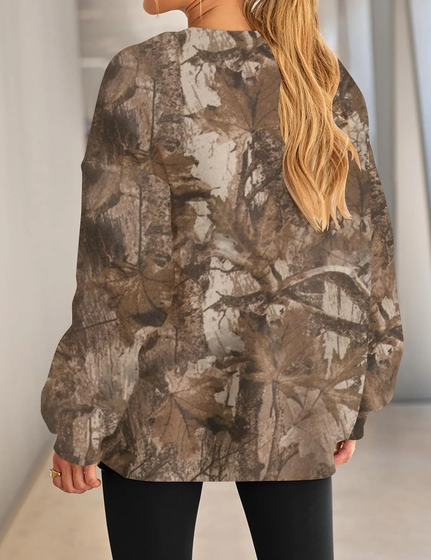 Printed Loose Fit Hoodie with Plant Floral Pattern Mid Length Streetwear No Hood Casual Long Sleeve Pullover Women Hoodie
