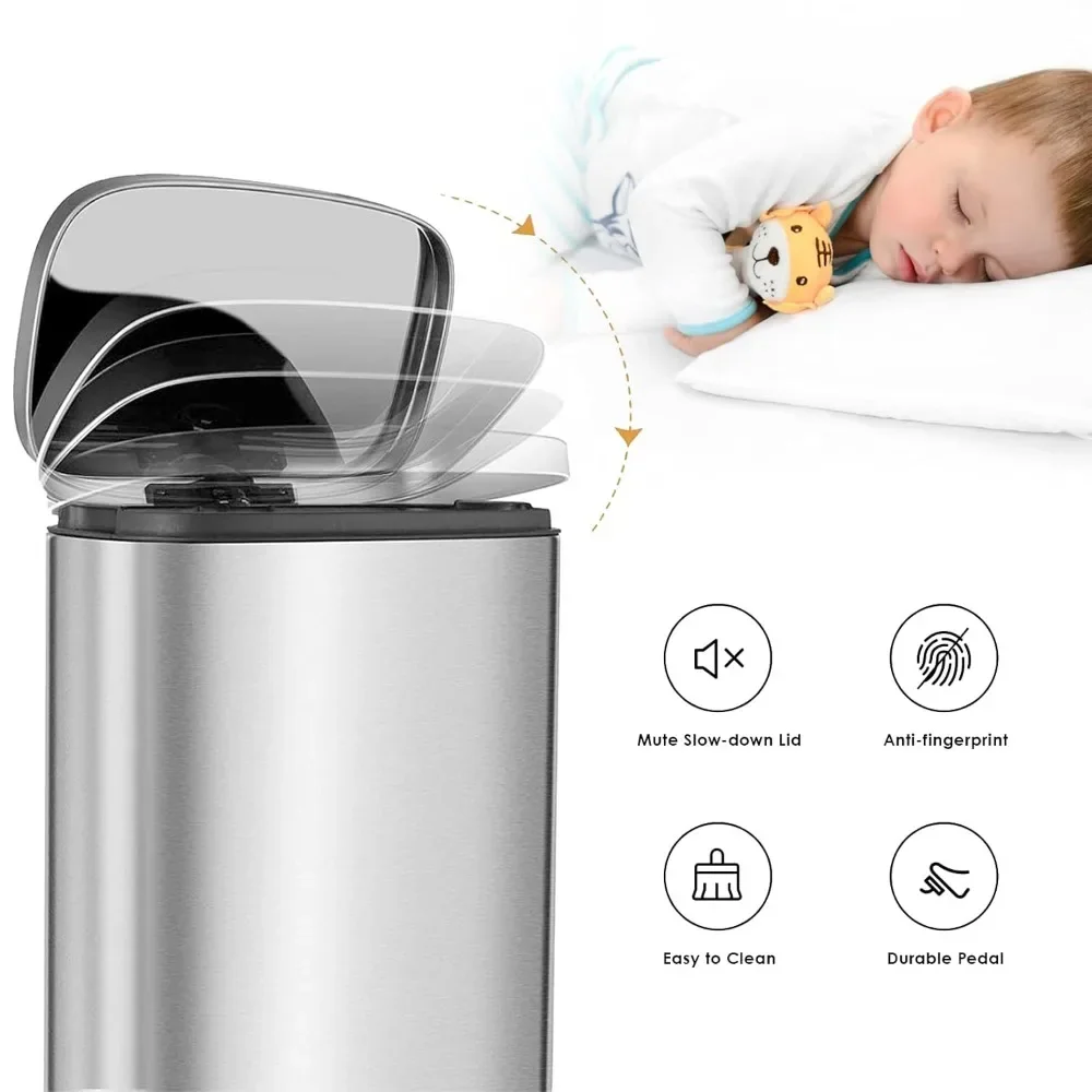 Trash Can, Stainless Steel Kitchen Garbage Can, Step Waste Bin with Hinged Lid and Removable Inner Bucket, Soft-Close