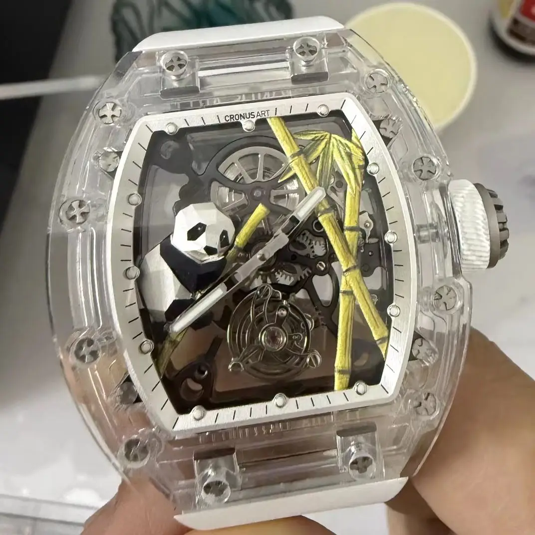 CRONUSART Men Tourbillon Watch Tonneau Mechanical Wristwatch Sapphire Case Mirror Luminous FKM Strap Skeleton Panda Dial