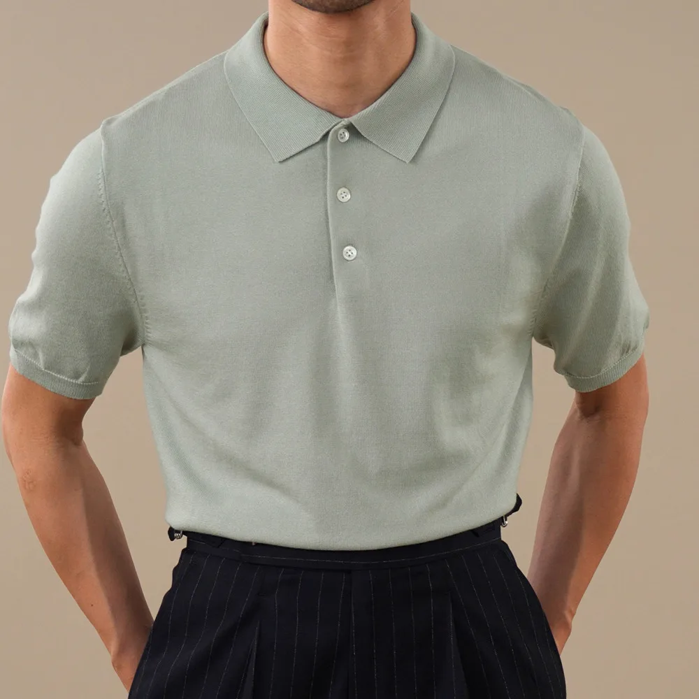 British Slim Lapel Summer Ice Silk Short Sleeve Knitted Polo High Quality Solid Color Polo Shirt Camisa Hombre Polo Shirt Men