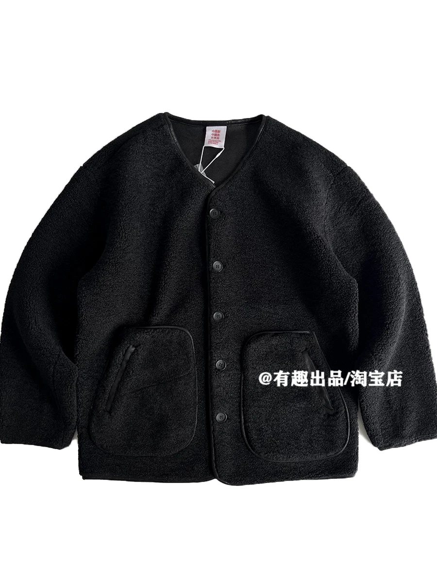 Jaket Bulu Domba Imitasi Berat Gaya Retro Jepang Tanpa Kerah Berlapis Tebal Tahan Angin dan Hangat Pakaian Luar Oversized Trendi