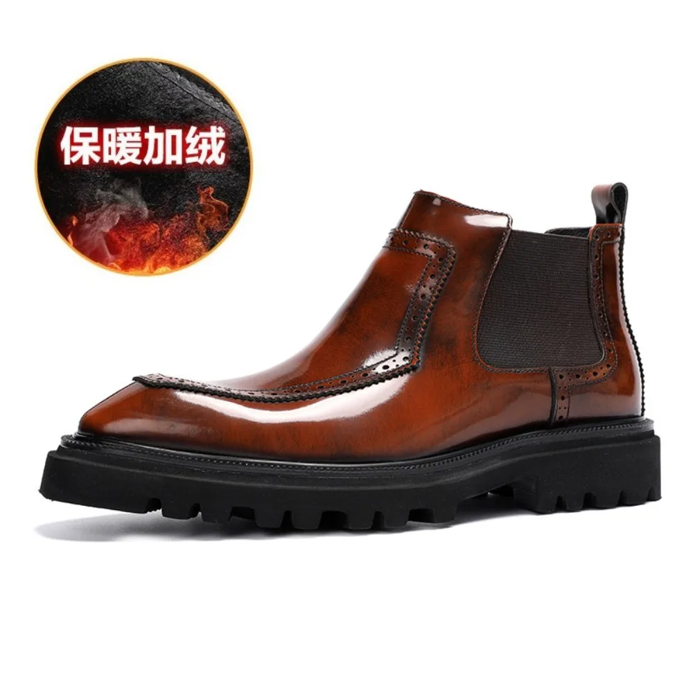 

Genuine Full Grain Leather Chelsea Boots for Men British Style Glossy Business Casual High Top Thick Sole Boots