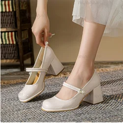 Mary Jane Shoes for Women 2026 Wine Red Chunky Heels Sweet Style Shallow Mouth Pumps Leather Loafers Shoes Girls Heels Women