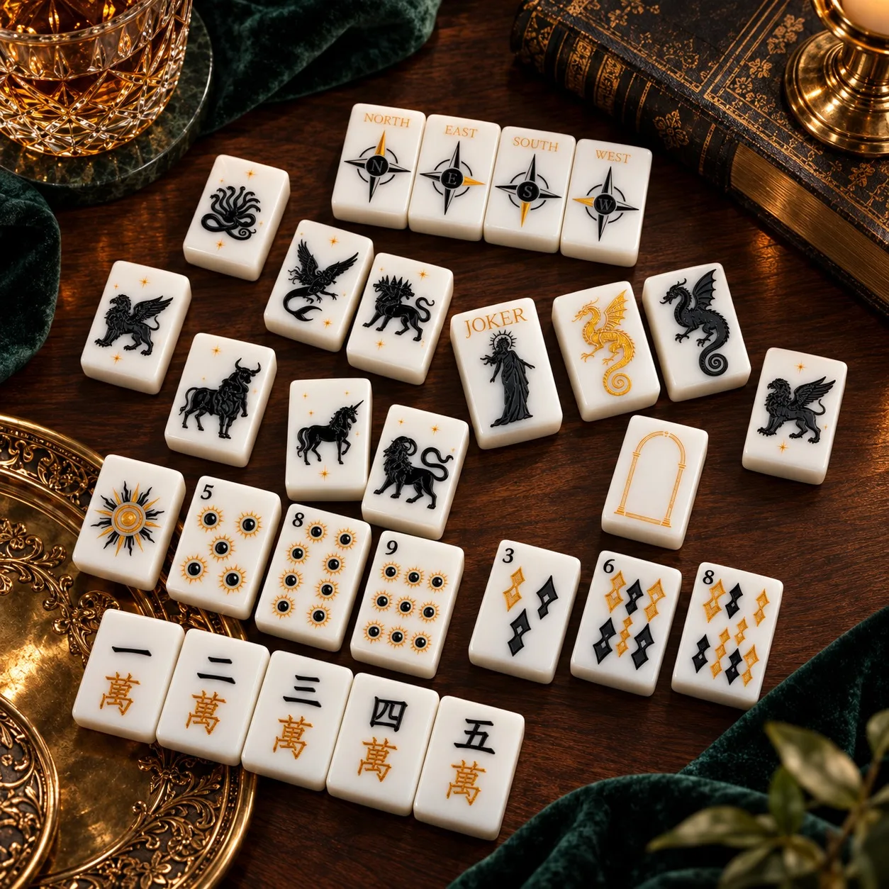 Mythology Mahjong Tiles 160 Piece American Mahjong Set 36mm Original Design Acrylic Hand-Painted Tiles for Family Game Night