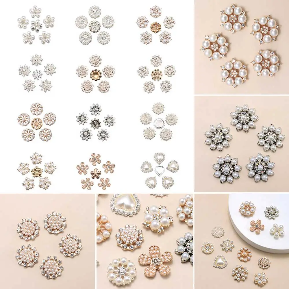 5PCS DIY Craft Hat Accessories Flower-shaped Rhinestone Buttons Pearl Button Headwear Accessories Pearl Hairpins