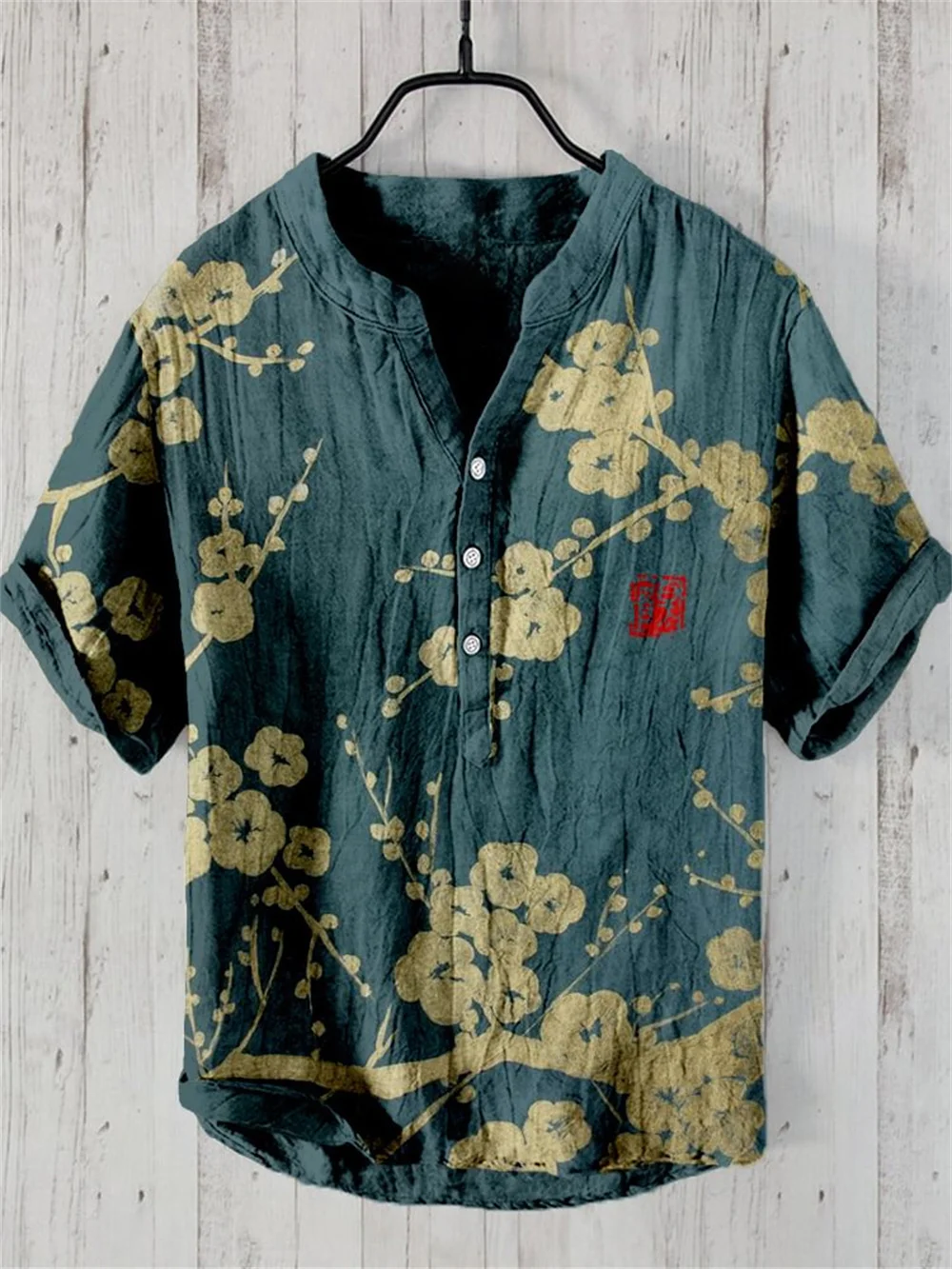 

New men's linen shirt retro plum blossom print half cardigan button up short sleeved shirt Hawaii men's and women's shirt