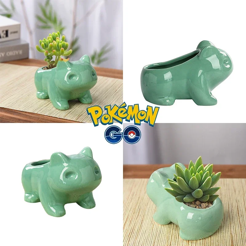 New Cartoon Pokemon Bulbasaur Ceramic Mini Flowerpot Cute Succulent Green Plants Flower Pot Hole Home Garden Decoration Planters