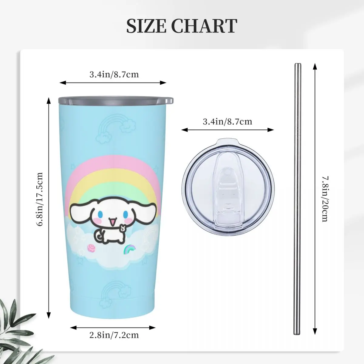 Cinnamoroll Rianbow Tumbler With Straw Stainless Steel Travel Mugs Vacuum Insulated 20oz