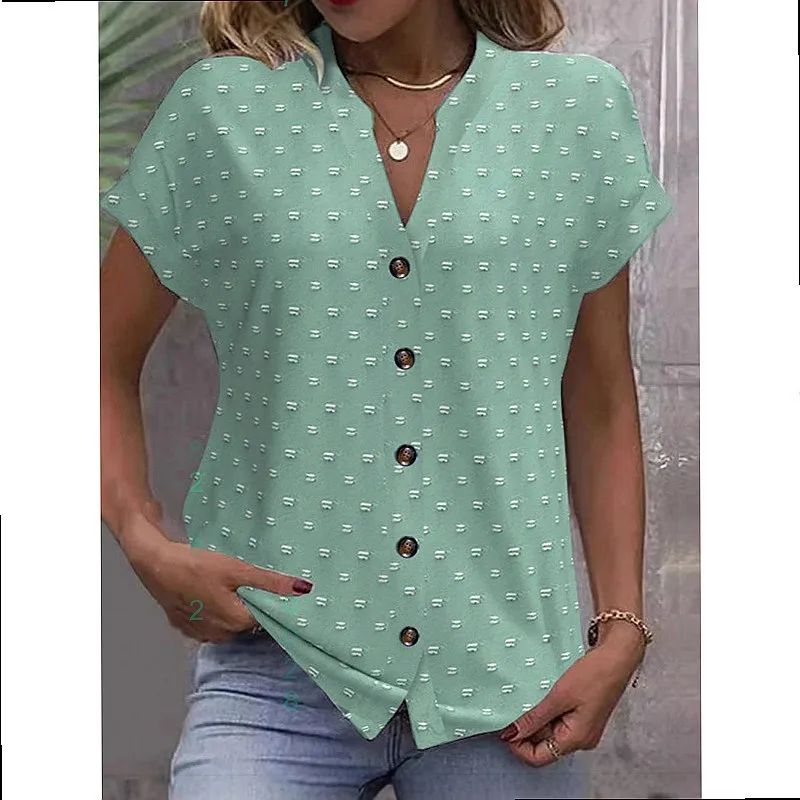 

Summer V Neck Short Sleeve Blouse Top Tee Jacquard Casual Shirt Blouses Tops