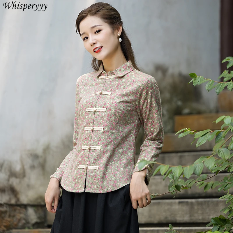 

Китайская блузка, литературная флора, женская рубашка в этническом стиле, восточный Harajuku, винтажный топ с длинными рукавами, женский, весна-осень 2024, новинка