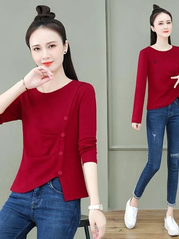 ファッショナブルな長袖不規則ベースシャツ女性のスタイル春秋着用ポケットスクエアトレンディスリムフィット新着