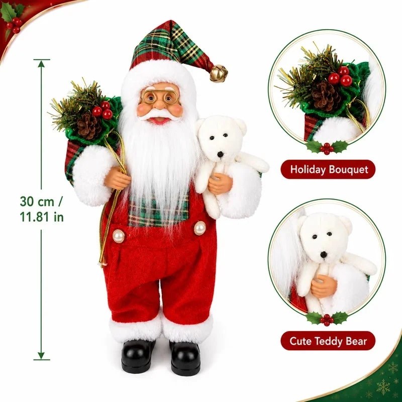 Christmas Santa Claus Decoration 30cm, Red Santa Figurine with Teddy Bear Pine Bouquet Gift Bag Holiday Table Decor