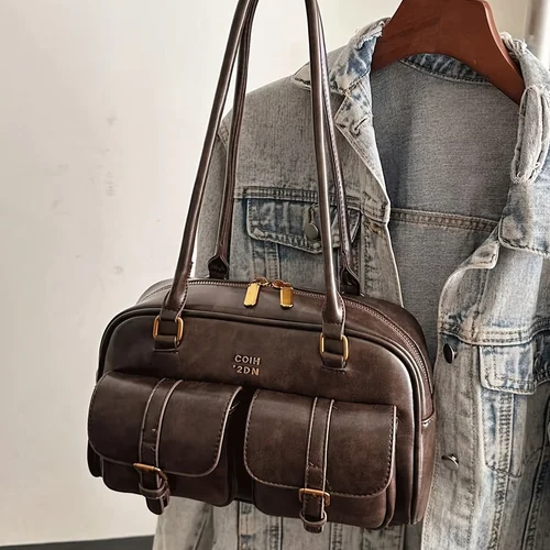 Imagen 2 del producto Bolso grande de hombro con múltiples bolsillos para mujer con herrajes y letras en tono dorado, bolso elegante para viajes, trabajo, compras, fechas