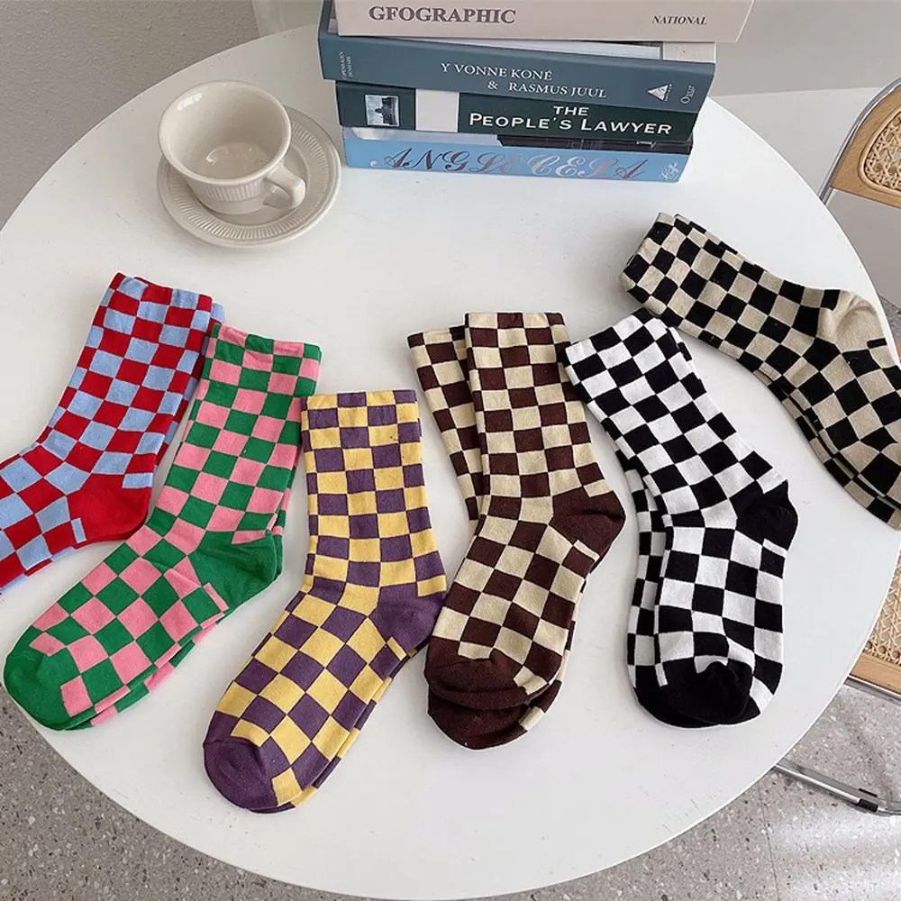 

Simple Sweet Streetwear Plaid Geometry Cotton College Style Socks Female Hosiery Korea Checkerboard Socks Mid-tube Sock