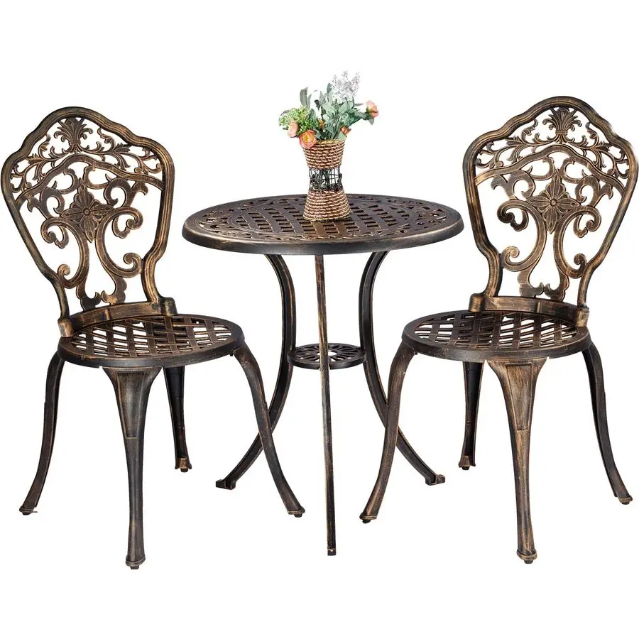 

Set 3 Piece Rustproof Cast Aluminum Patio Furniture Sets 2 Chairs and 1 Round Table Outdoor, Garden, Patio, Balcony, Bronze