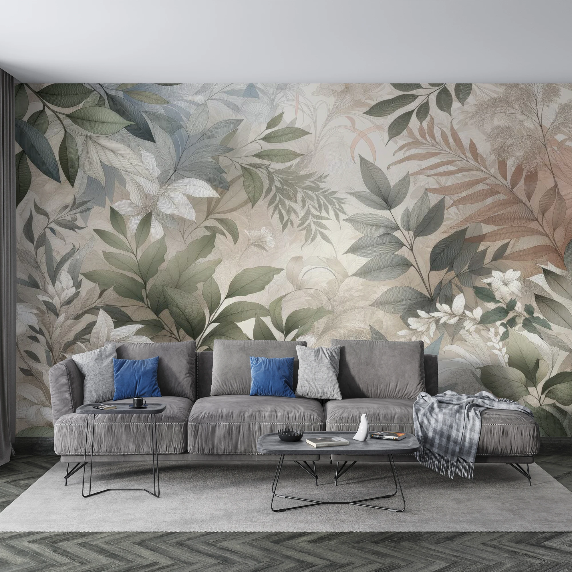Custom Vintage Botanical Wall Mural Sage Green Tropical Leaves Line Art Foliage Wallpaper for Living Room Bedroom Decoration