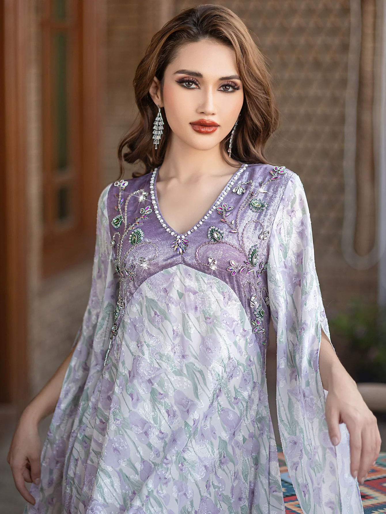 Ramadan Muslim handmade sewn diamond decoration purple iridescent flowing light oversized flared sleeve design elegant dress