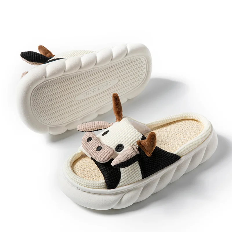 Comwarm Cute Cow Platform Slippers Women Four Seasons New Linen Women\'s Thick Sandals Home Cartoon Slides Soft Non-slip Shoes