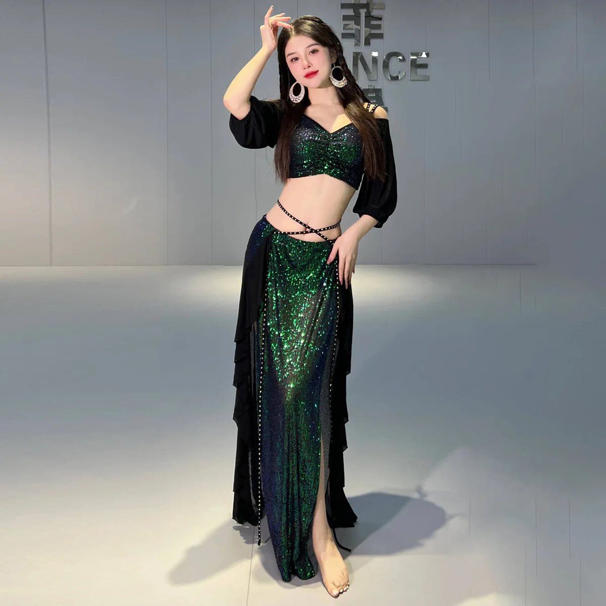 Belly Dance Costume Suit for Female Oriental Half Sleeves Top+AB Stones Split Long Skirt 2pcs Women Belly Daner\'s Stage Outfit