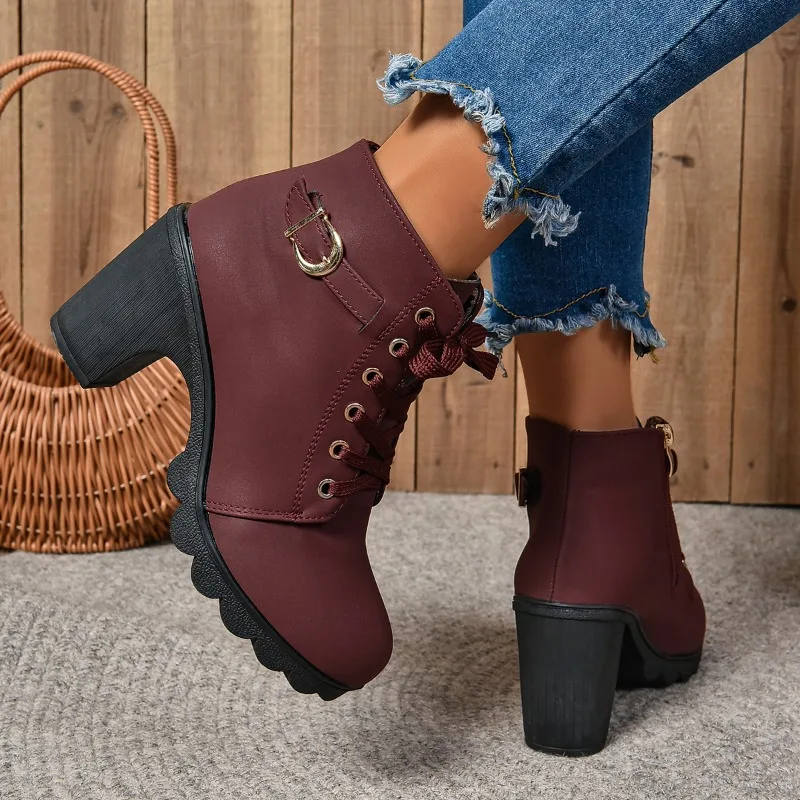 2024Women High Heel Ankle Boots Autumn Winter Booties Woman Fashion New Lady Shoes Brown Black Short Boot Female Botas De Mujer