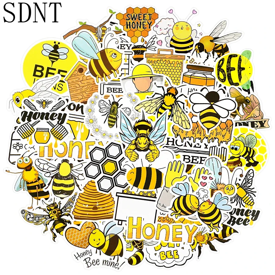 50 PCS Bee Animal Stickers Pack Hardworking Cute Bee Cartoon Stickers for Kids Toys DIY Scrapbook Water Cup Bike Laptop Sticker