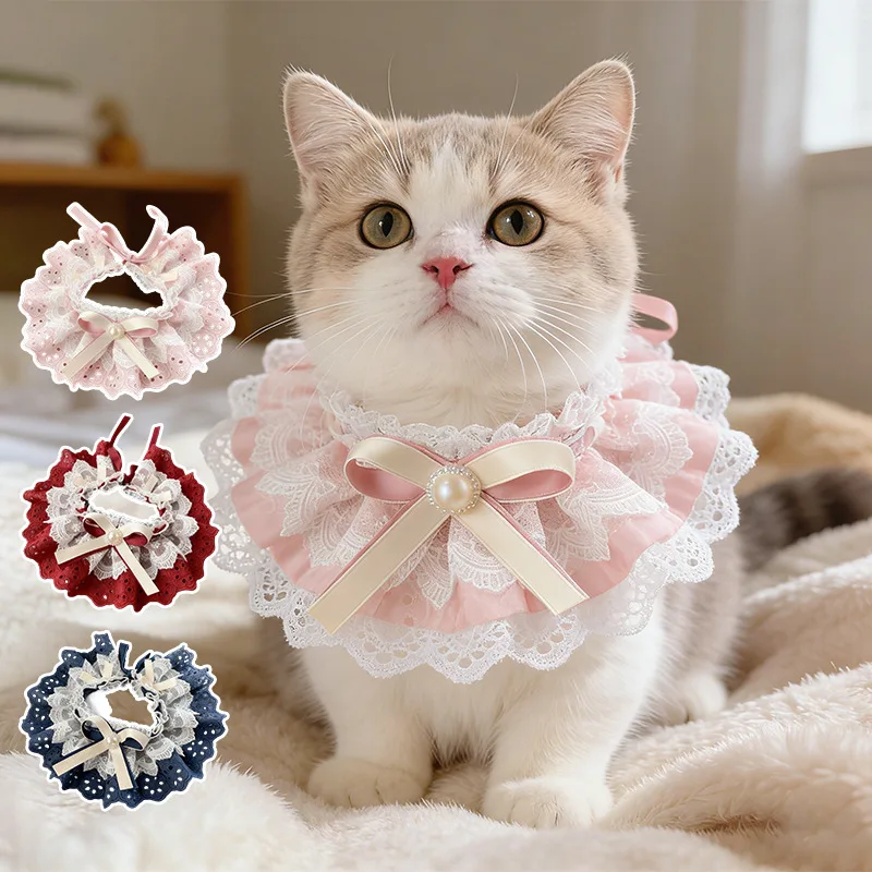 Lolita Style Pet Bib with Multi-Layer Lace Pearl Collar, Perfect for Cat and Dog Photography and Decoration