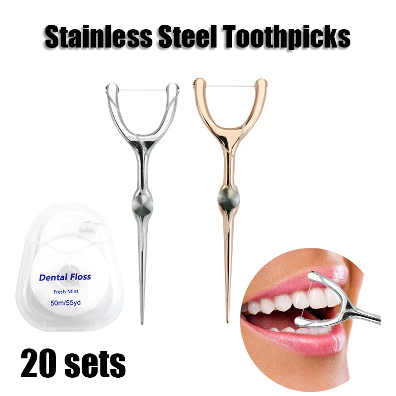 Stainless Steel Toothpicks Handle Tooth Flossing Reusable Toothpicks Portable Toothpick Floss Teeth Cleaner Oral Cleaning Tools