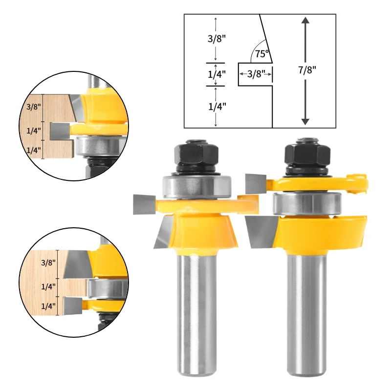 YUSUN 2PCS 15° Reversible Stile&Rail Assembly Chamfer Cttter Router Bit Woodworking Milling Cutter For Wood Tools