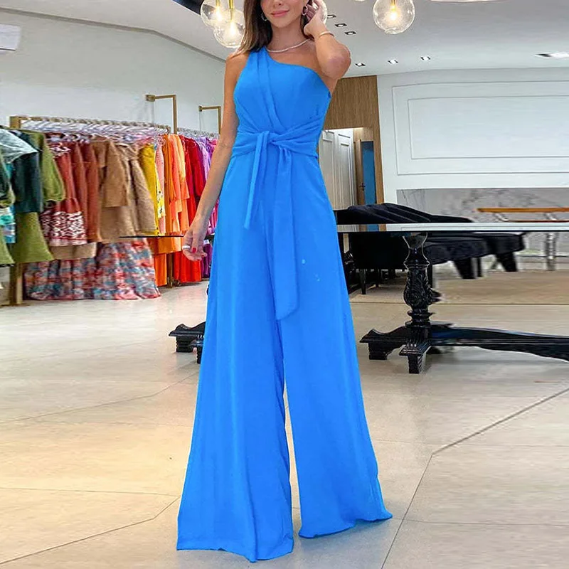 Commute High Waist Workpant One Piece For Women Elegant Tie-up Slash Neck Jumpsuit Solid Summer Off Shoulder Party Outfits 2023