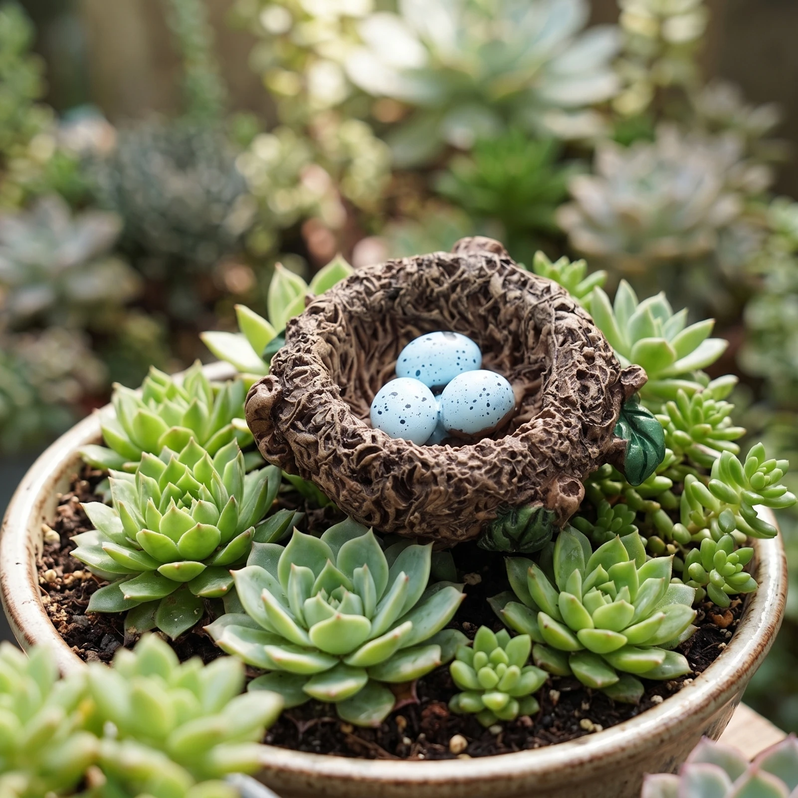 Bird Nest with Eggs Decorative Ornament Miniature Compact Decor Natural for Crafters, Fairy Gardens, Succulent Pots