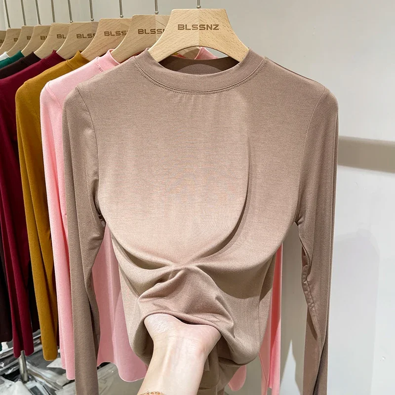 Solid Multi All-Match Trend Casual Top Women Spring Autumn Office Lady Basic O-Neck Slim T-Shirt Thread Long Sleeve Elastic Tees