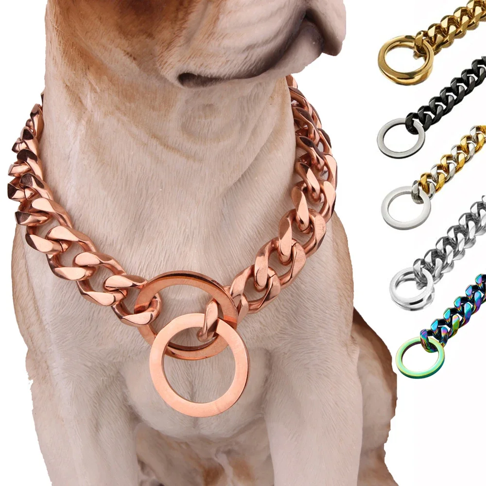 

Strong Choke Chain Dog Collar Luxury 15MM 18K Gold Stainless Steel Cuban Link Metal Necklace for Small Medium Large Dogs Pitbull