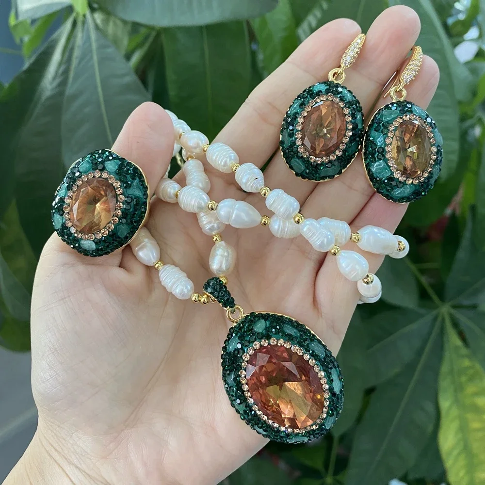 Large Sultanite Sudan Stone Freshwater Pearl Necklace Earring Ring Bangle Color-changing Simulated Diaspore Crystal Jewelry