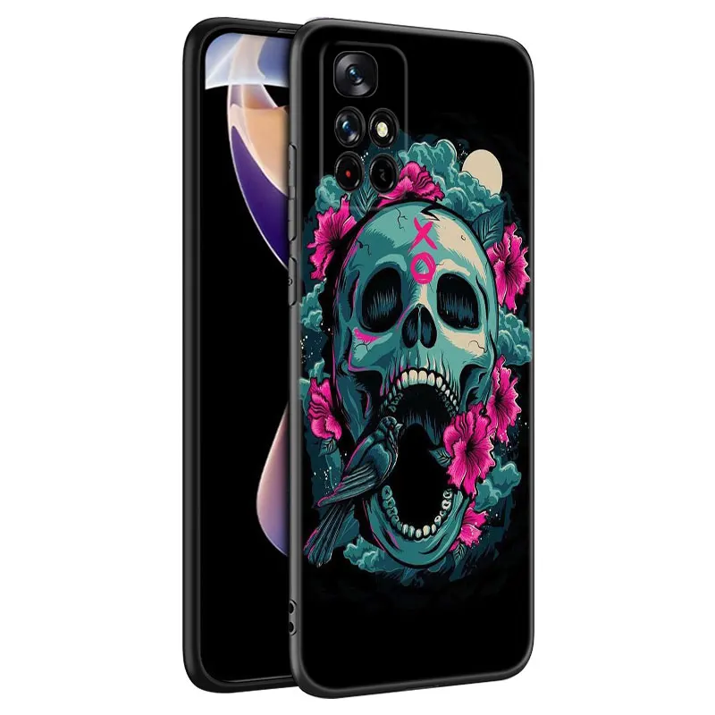 Retro Style Flower Skull Black Silicone Phone Case For Xiaomi Redmi Note 10 11 11S 12 13 4G 8 9 11T Pro 5G Plus 8T 9S 10S 12S