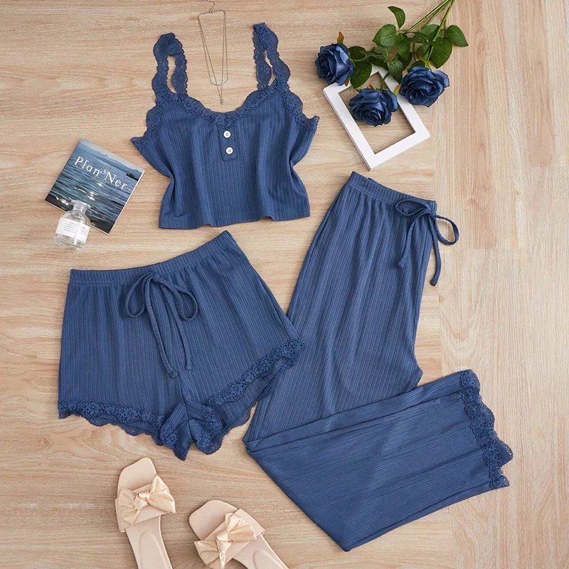 

New 2025 Women's Summer 3PCS Pajama Sets Solid Vest Shorts and Pants Paired with Lace Splicing for Homewear Sexy Sleepwear Sets