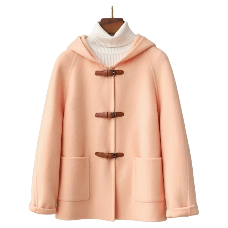 

New Spring 2025 10% Mulberry Silk 10 Cashmere Women's Hooded Wool Double Sided Coat