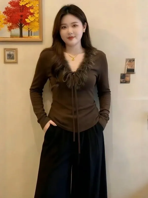 

plus Size Women's Korean Sle Long Sve T-irt with Faux Fur Collar Belted Slimming Inner Wear Top for Spring 2026