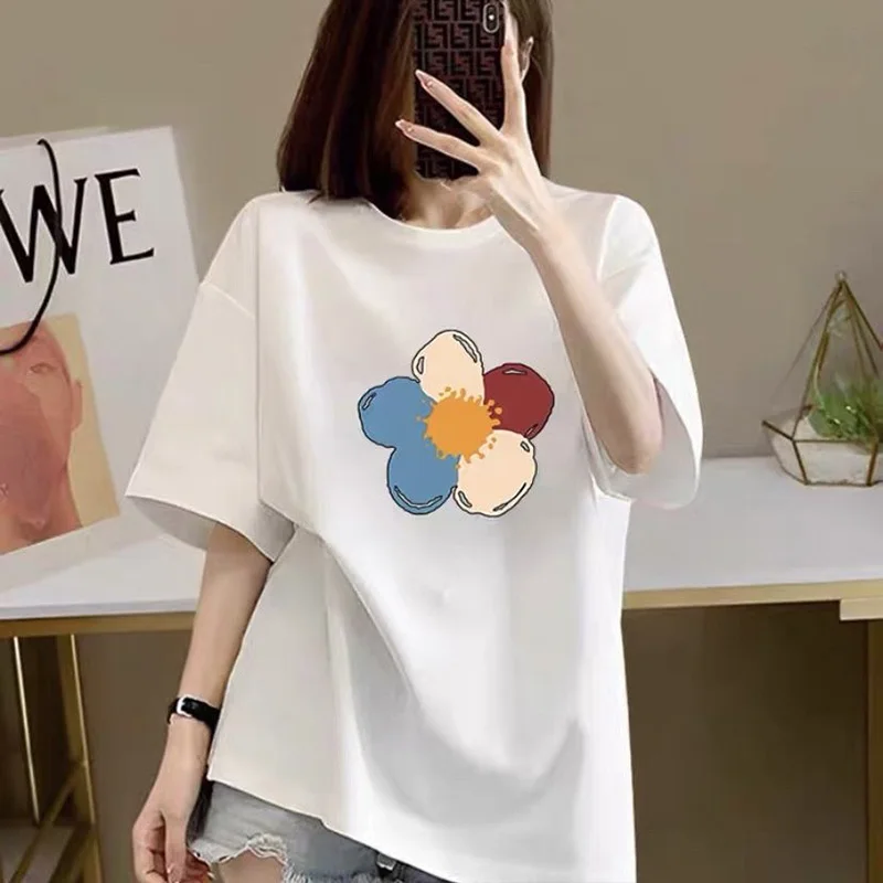 

Women Clothing Chic Hand-Painted Floral Printing T-shirt Summer Pure Cotton O-neck Short Sleeve Basic Top Tees Loose Pullovers