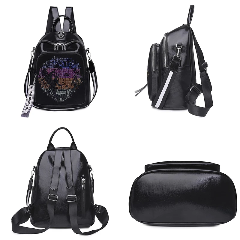 New Soft Leather Womens Backpack Fashion Trend Bright Diamond Animal Pattern Female Single Shoulder Bag Large Capacity Girl Bags